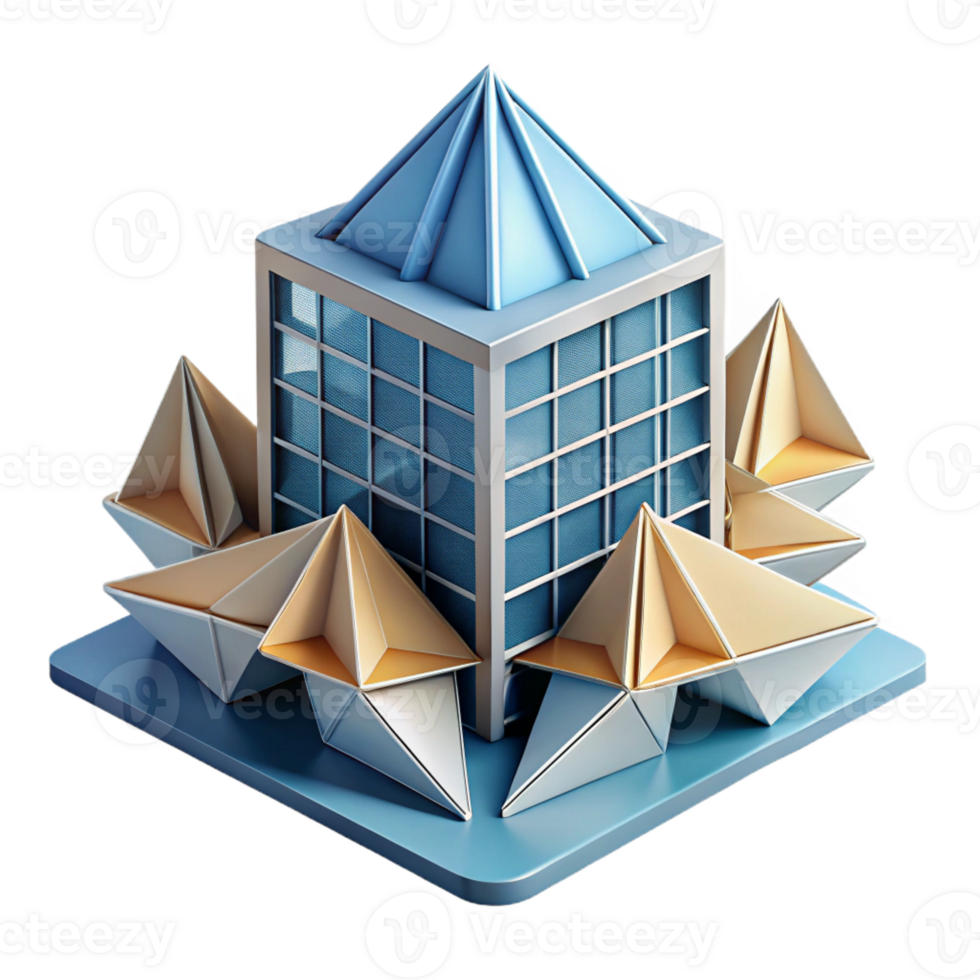 extraordinary vintage Origami-inspired building, folded planes, geometric patterns, paper-like texture, architectural model detailed png