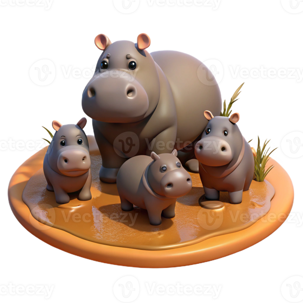 stunning classic A family of hippos wallowing in a muddy waterhole, bathed in the warm African sun, in a realistic wildlife documentary style original png