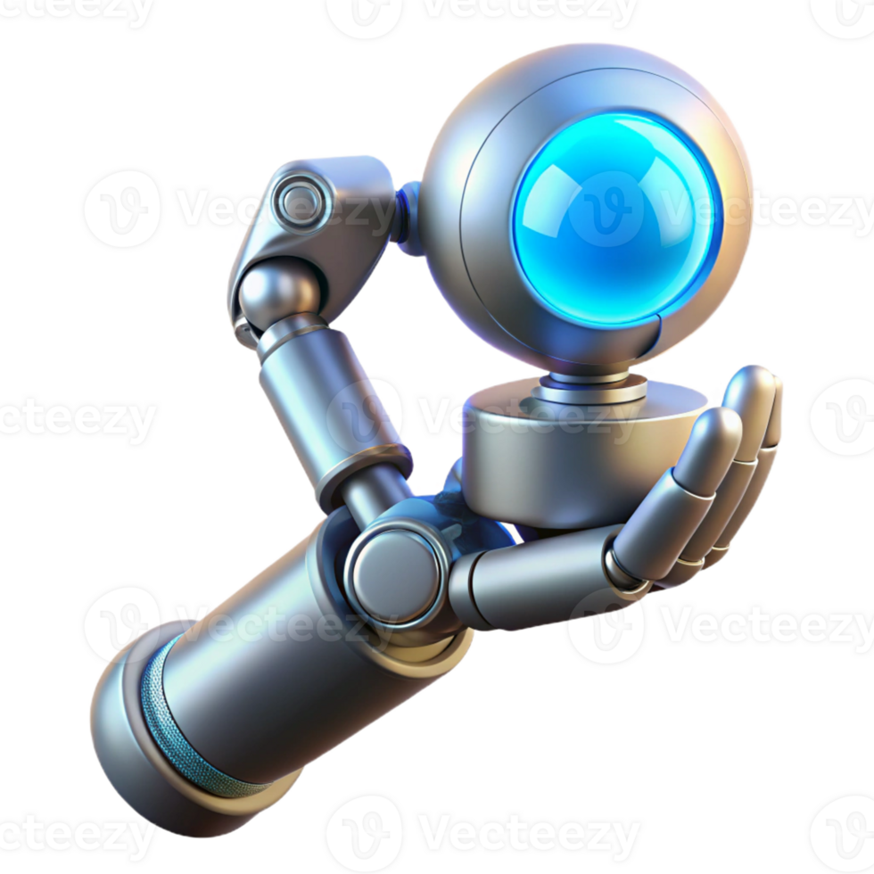 wonderful traditional A gleaming chrome robotic arm delicately holding a glowing orb of data, illuminated by soft blue neon light in a cyberpunk style exclusive png