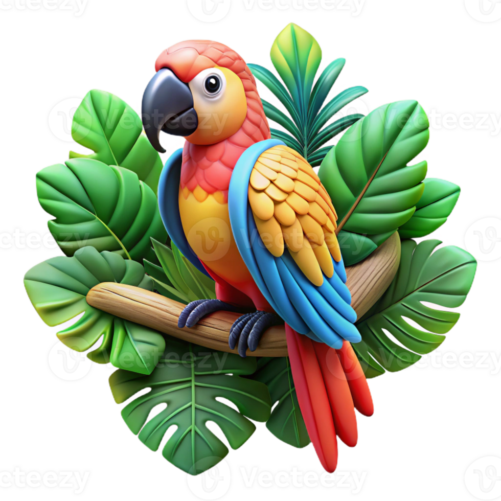 elegant creative A colorful macaw perched on a branch, surrounded by tropical foliage, in a vibrant, illustrative style original png