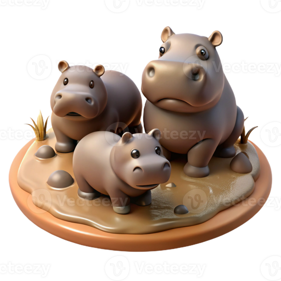 stunning creative A family of hippos wallowing in a muddy waterhole, bathed in the warm African sun, in a realistic wildlife documentary style premium png