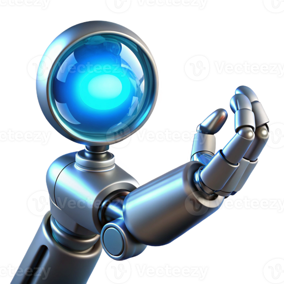 dramatic abstract A gleaming chrome robotic arm delicately holding a glowing orb of data, illuminated by soft blue neon light in a cyberpunk style genuine png