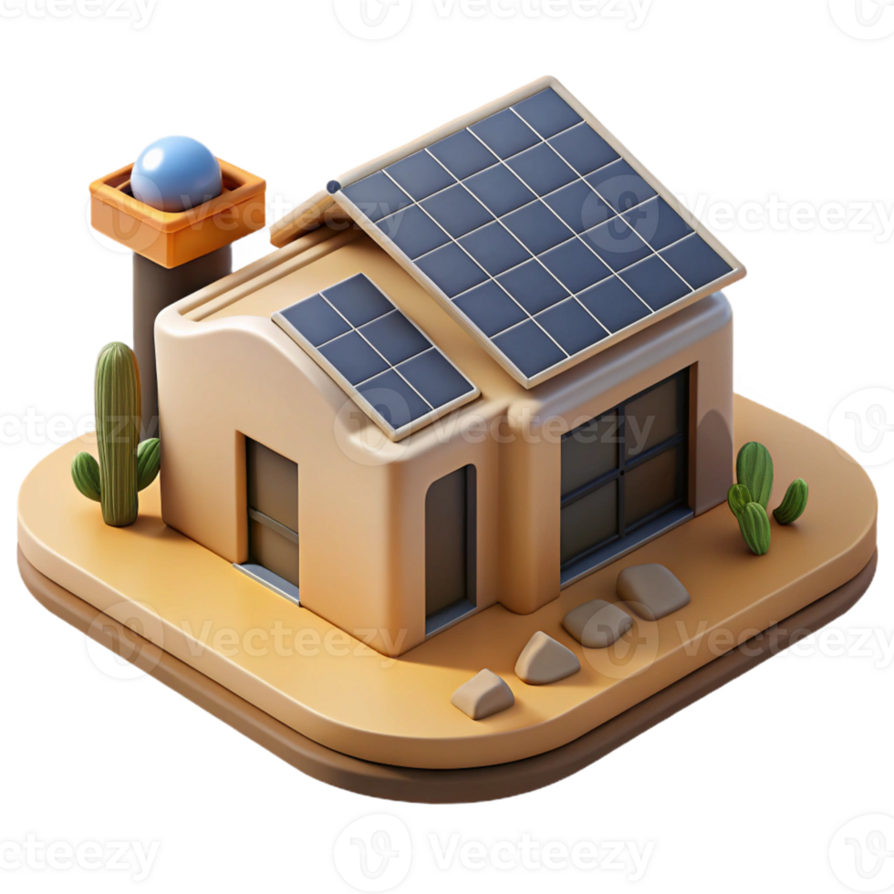 serene abstract Solar-powered house, photovoltaic panels, energy-efficient design, desert setting, architectural rendering original png