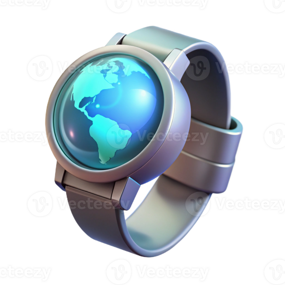 serene abstract A sleek, silver smartwatch displaying a holographic Earth rotating slowly, lit by a soft, ambient glow, with a cyberpunk aesthetic 4K png