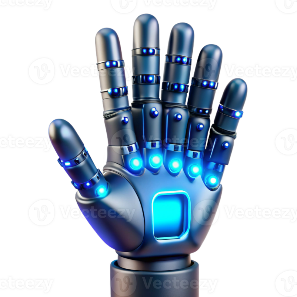 dramatic contemporary A hyperrealistic robotic hand intricately crafting a microchip, illuminated by cool blue LED light, in a chiaroscuro style professional png