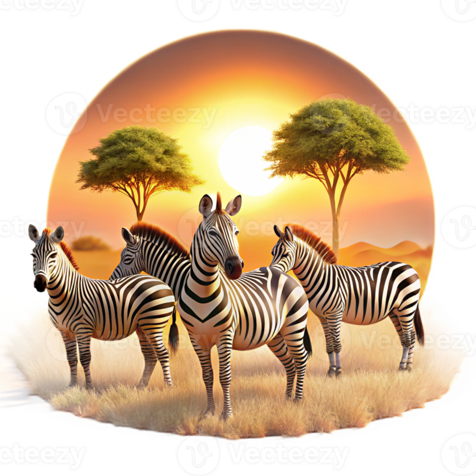 dramatic classic A group of zebras grazing on the African savanna, bathed in the warm glow of sunrise, in a realistic wildlife documentary style genuine png