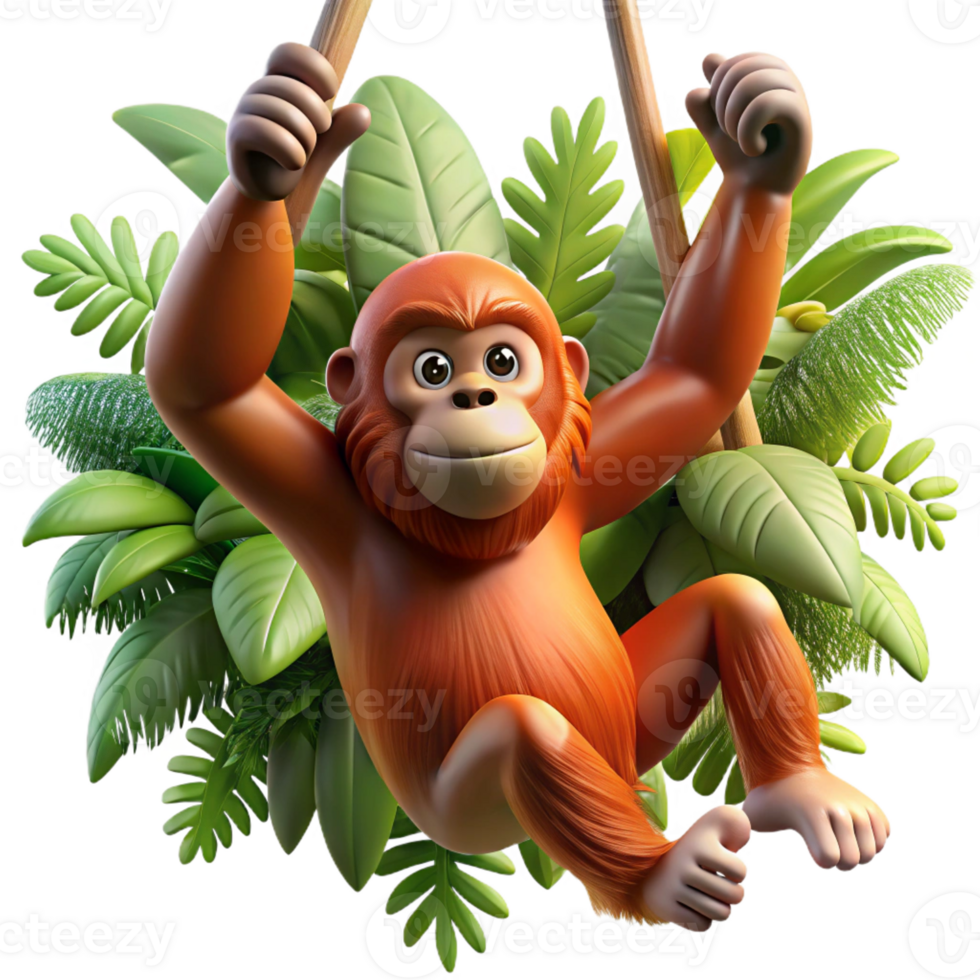 beautiful artistic A playful orangutan swinging through the jungle canopy, illuminated by dappled sunlight, in a dynamic, photographic style original png