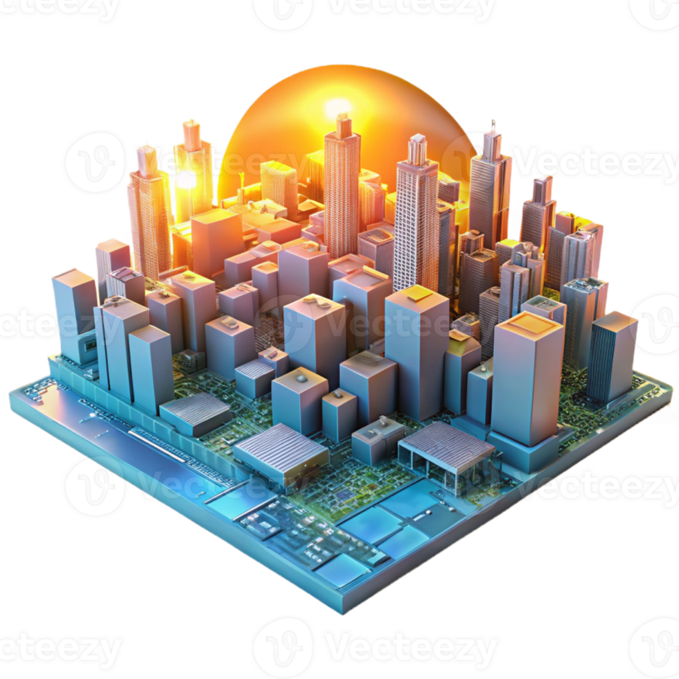 extraordinary traditional A futuristic cityscape composed entirely of interconnected circuit boards, bathed in the warm glow of a digital sunrise, rendered in a photorealistic style original png