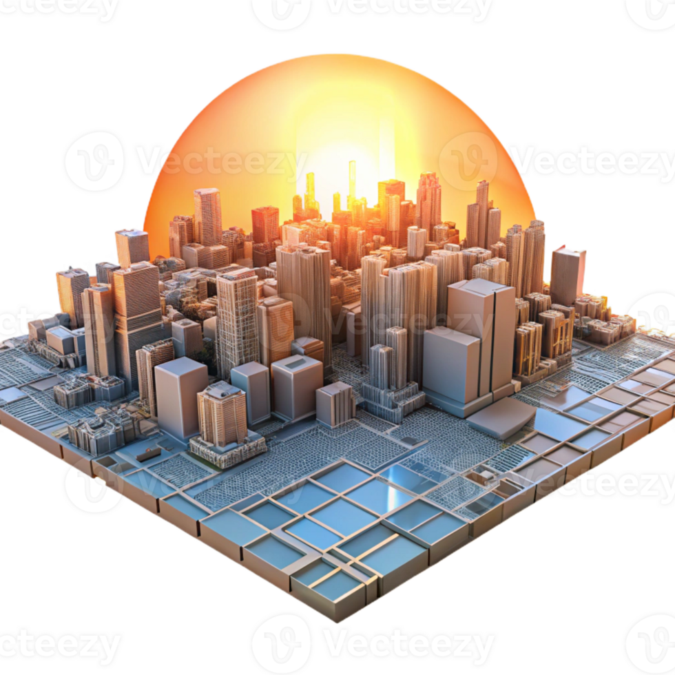 elegant artistic A futuristic cityscape composed entirely of interconnected circuit boards, bathed in the warm glow of a digital sunrise, rendered in a photorealistic style genuine png