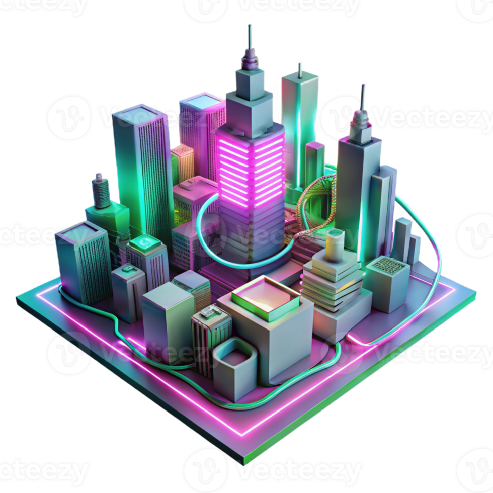magnificent classic A futuristic cityscape composed entirely of interconnected circuit boards and glowing wires, illuminated by neon pink and green lights, in a synthwave style premium png