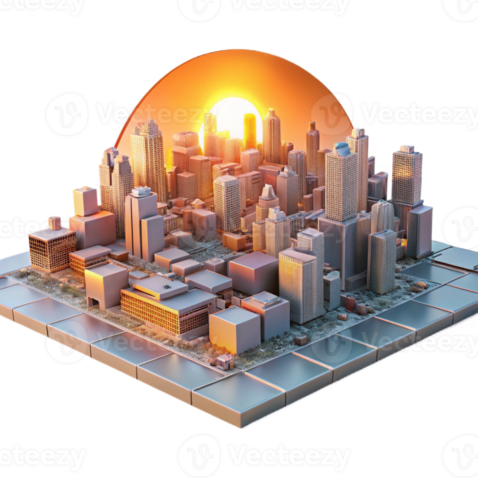 extraordinary creative A futuristic cityscape composed entirely of interconnected circuit boards, bathed in the warm glow of a digital sunrise, rendered in a photorealistic style premium png