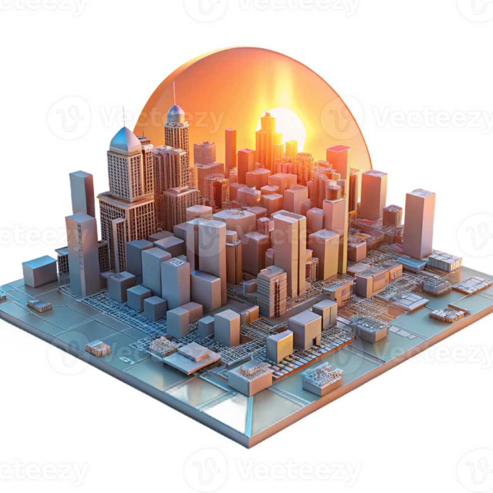 serene contemporary A futuristic cityscape composed entirely of interconnected circuit boards, bathed in the warm glow of a digital sunrise, rendered in a photorealistic style detailed png
