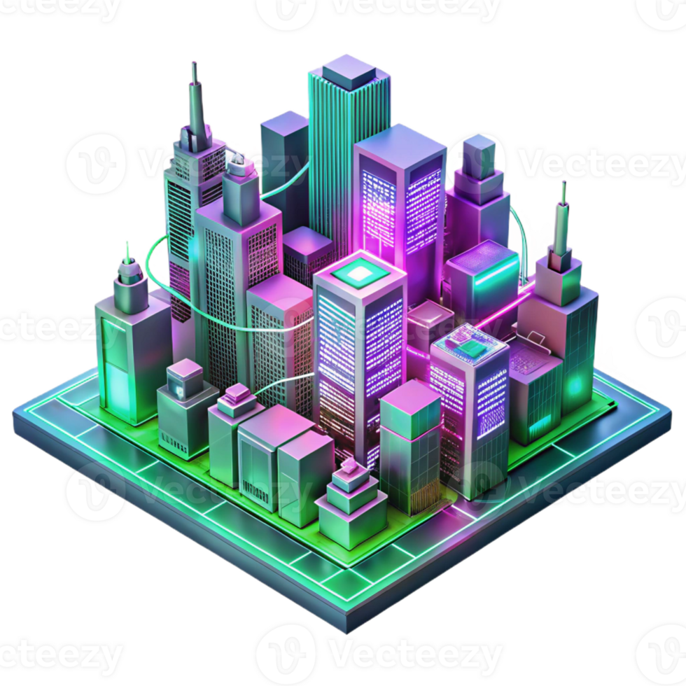 elegant vintage A futuristic cityscape composed entirely of interconnected circuit boards and glowing wires, illuminated by neon pink and green lights, in a synthwave style premium png