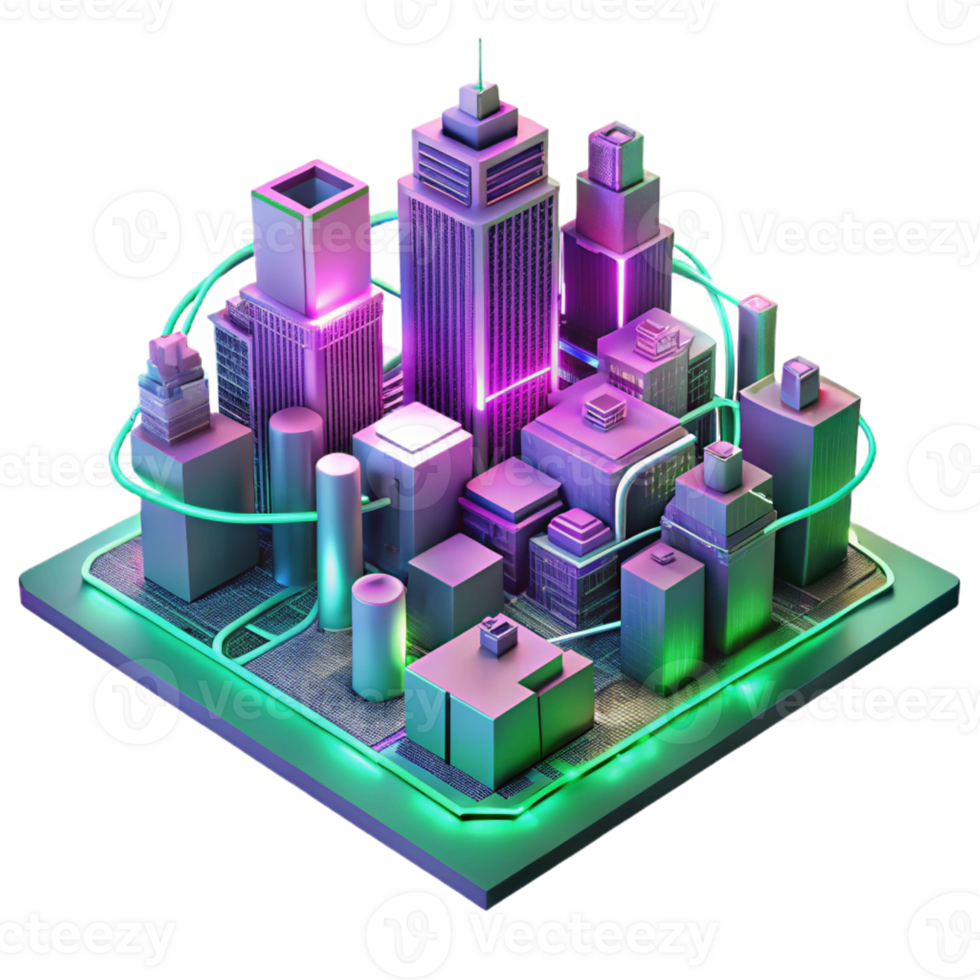 extraordinary creative A futuristic cityscape composed entirely of interconnected circuit boards and glowing wires, illuminated by neon pink and green lights, in a synthwave style high quality png