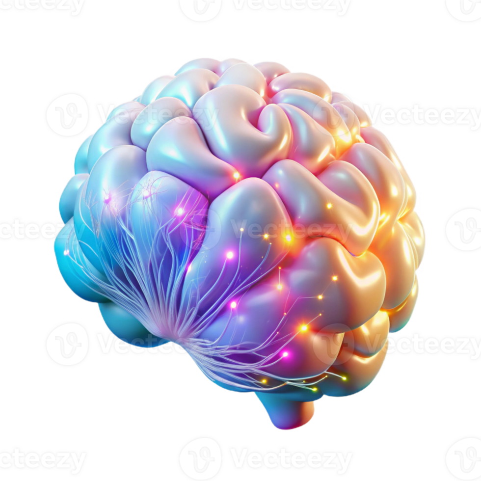 dramatic creative A transparent human brain with neural pathways firing in vibrant, multicolored pulses, lit by a pulsating white light, in a biopunk style high resolution png