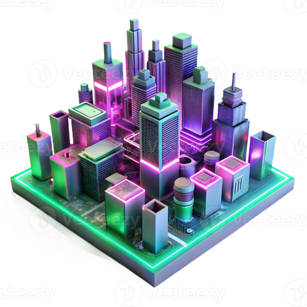 elegant artistic A futuristic cityscape composed entirely of interconnected circuit boards and glowing wires, illuminated by neon pink and green lights, in a synthwave style professional png