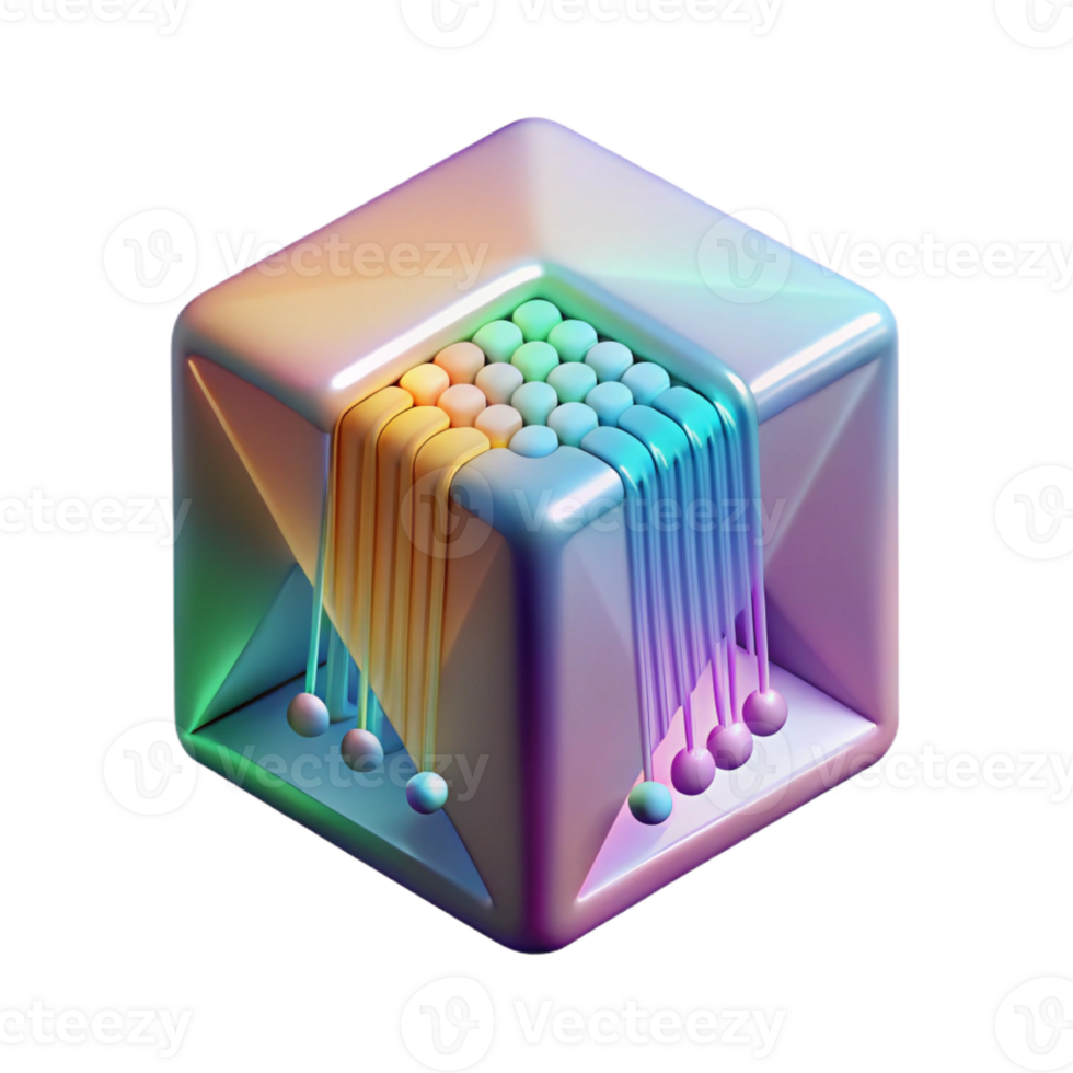 magnificent minimalist A single, levitating, holographic data cube emitting streams of binary code, lit by a shifting rainbow gradient, in a data-driven style exclusive png