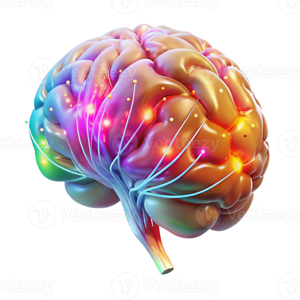 elegant modern A transparent human brain with neural pathways firing in vibrant, multicolored pulses, lit by a pulsating white light, in a biopunk style high resolution png