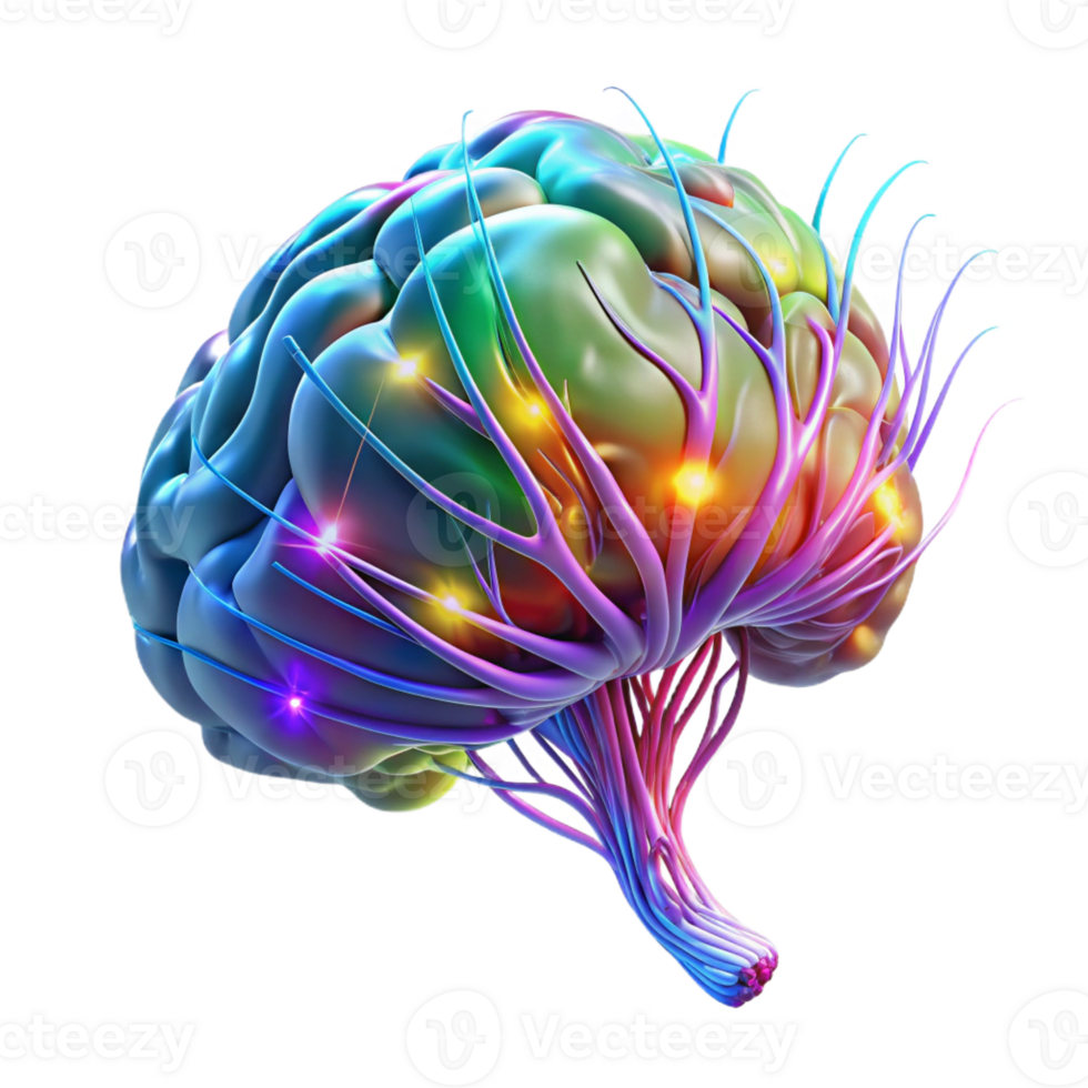 vibrant artistic A transparent human brain with neural pathways firing in vibrant, multicolored pulses, lit by a pulsating white light, in a biopunk style high resolution png