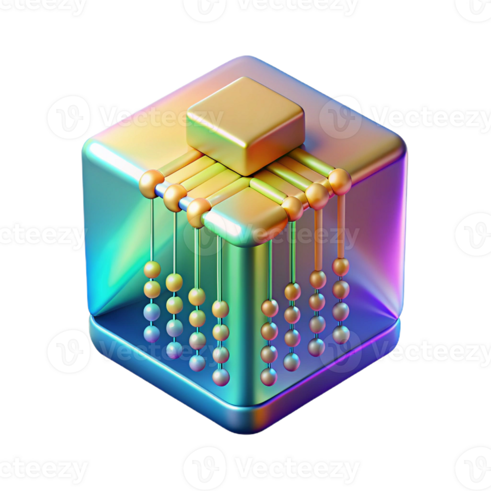 extraordinary creative A single, levitating, holographic data cube emitting streams of binary code, lit by a shifting rainbow gradient, in a data-driven style premium png