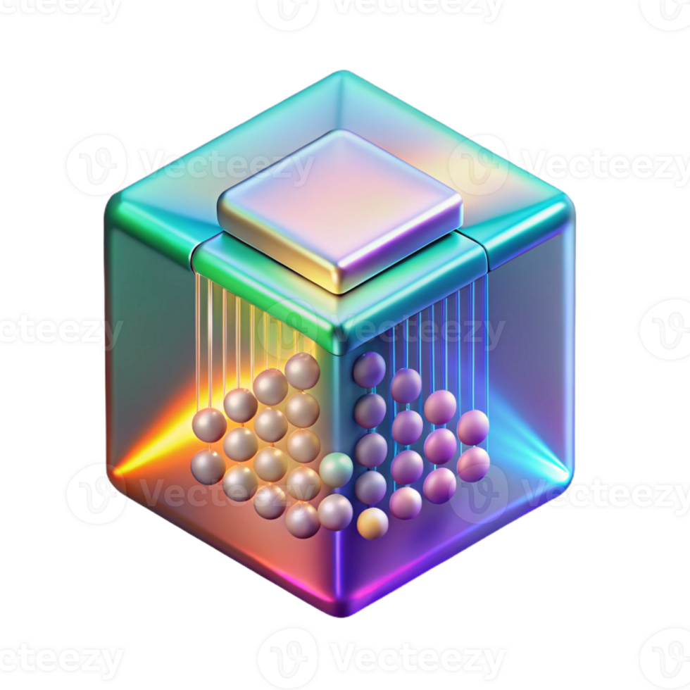 extraordinary vintage A single, levitating, holographic data cube emitting streams of binary code, lit by a shifting rainbow gradient, in a data-driven style 4K png