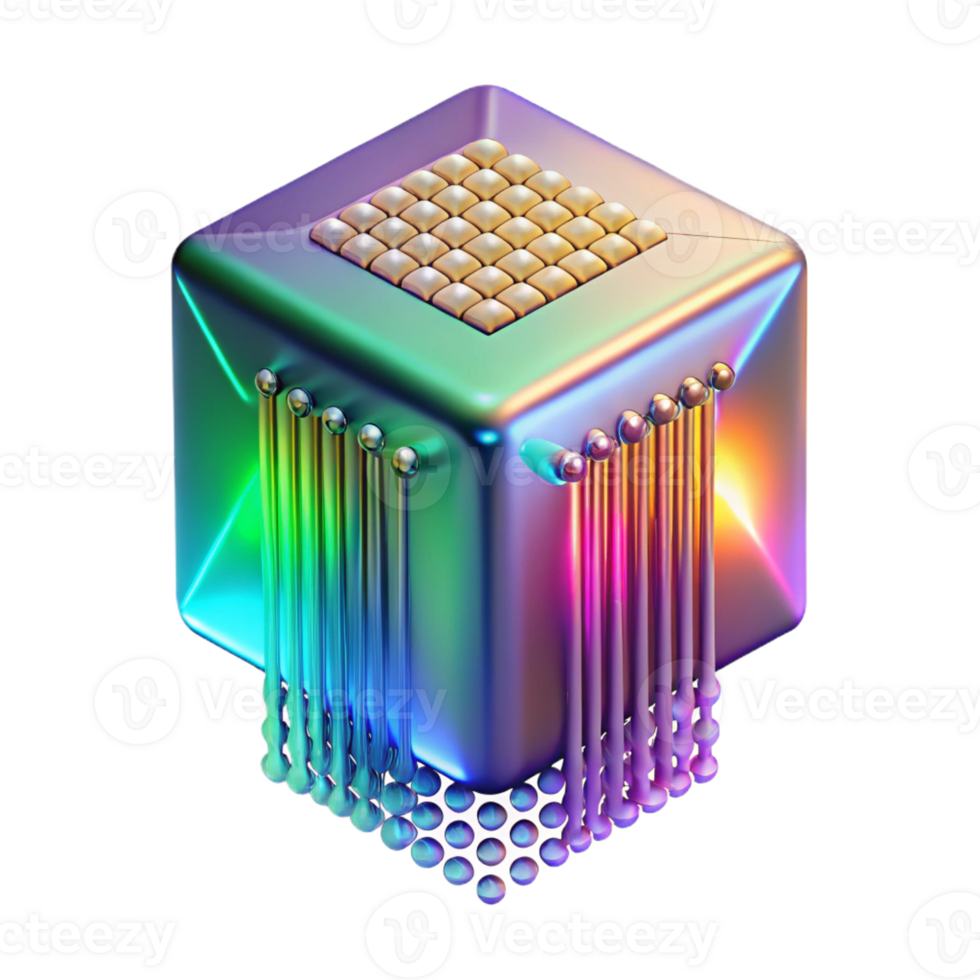 elegant contemporary A single, levitating, holographic data cube emitting streams of binary code, lit by a shifting rainbow gradient, in a data-driven style high resolution png