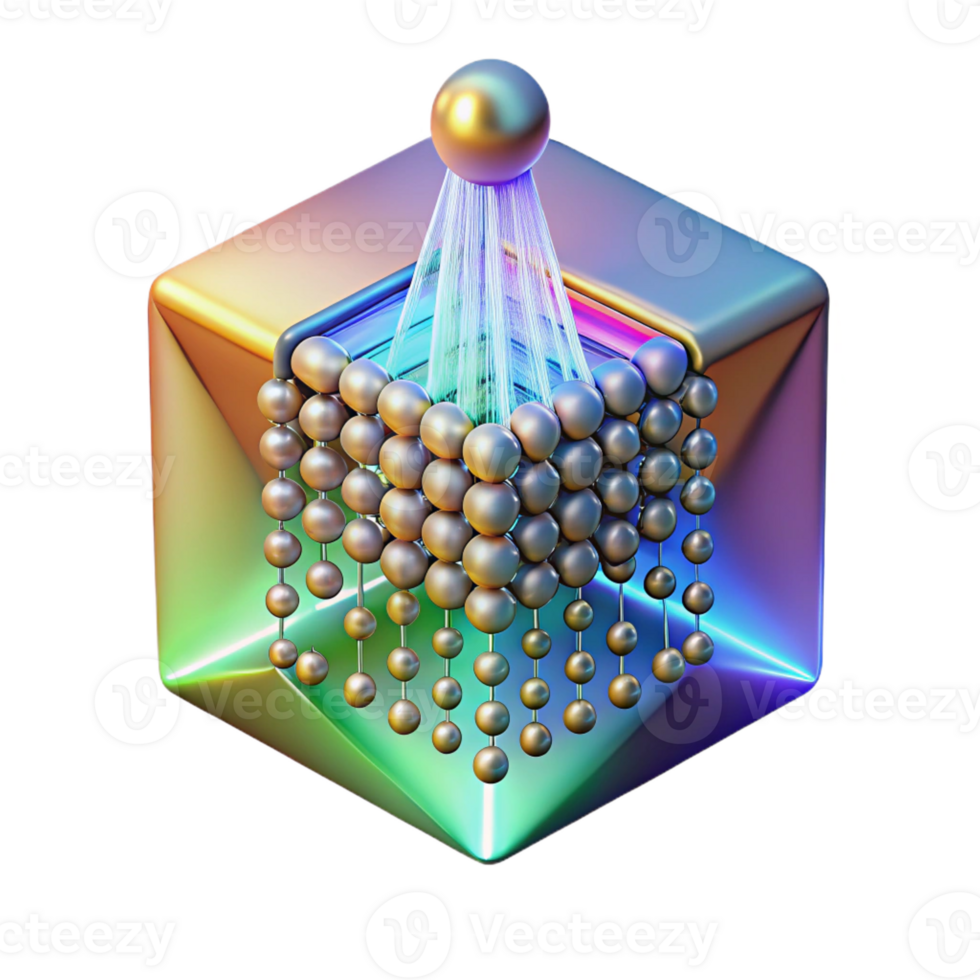 magnificent abstract A single, levitating, holographic data cube emitting streams of binary code, lit by a shifting rainbow gradient, in a data-driven style 4K png