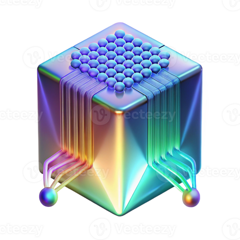 extraordinary abstract A single, levitating, holographic data cube emitting streams of binary code, lit by a shifting rainbow gradient, in a data-driven style detailed png