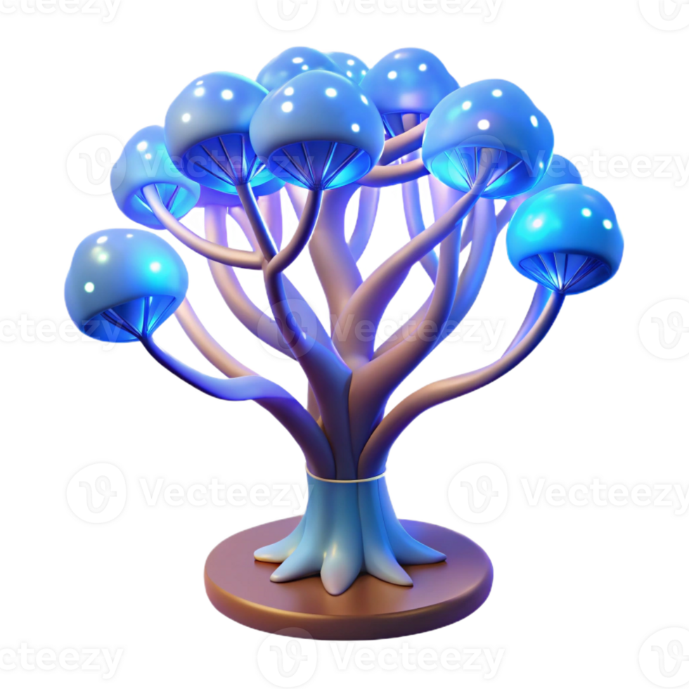 serene abstract A bioluminescent tree with integrated data cables, gently swaying in the breeze, illuminated by its own internal light, in a fantasy, digital painting style high quality png