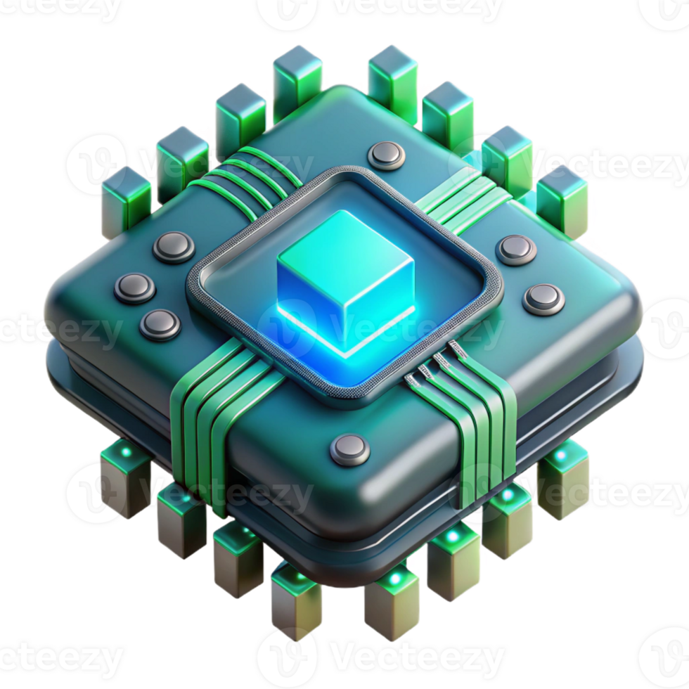 serene modern A close-up of a futuristic circuit board with intricate details and glowing components, illuminated by a cool, blue-green light, in a technical illustration style exclusive png