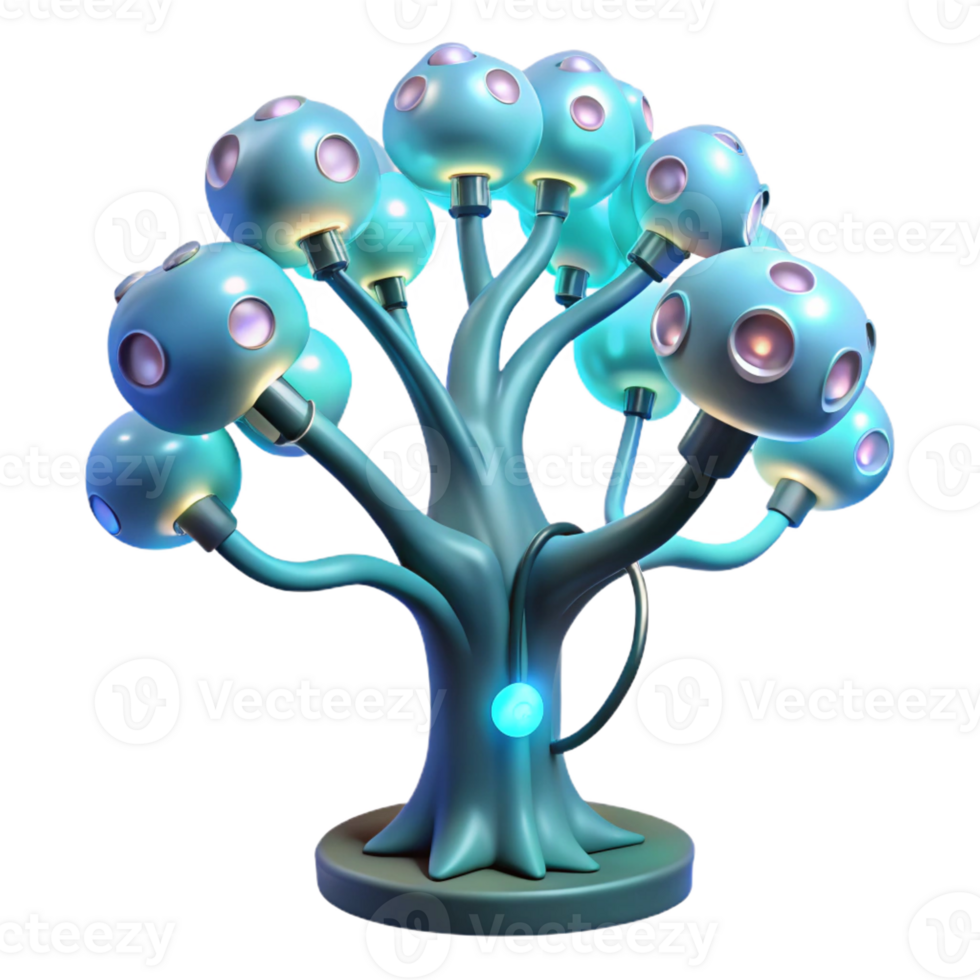 vibrant traditional A bioluminescent tree with integrated data cables, gently swaying in the breeze, illuminated by its own internal light, in a fantasy, digital painting style 4K png