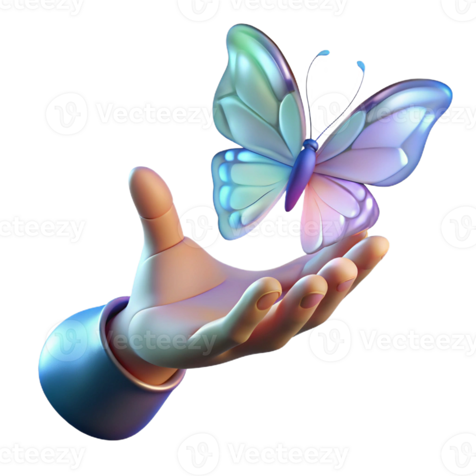 beautiful minimalist A human hand reaching out to touch a holographic butterfly. Soft, ethereal lighting. Sci-fi fantasy style. Detailed hand and butterfly premium png