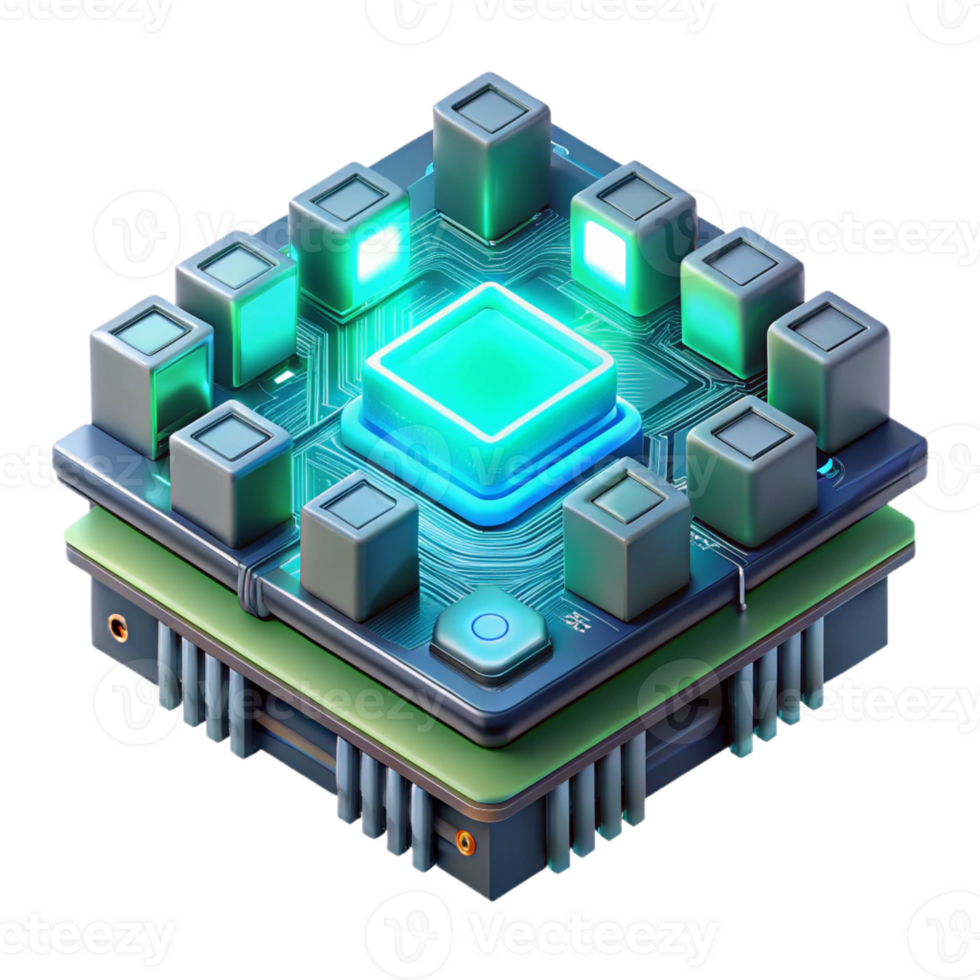 beautiful classic A close-up of a futuristic circuit board with intricate details and glowing components, illuminated by a cool, blue-green light, in a technical illustration style original png