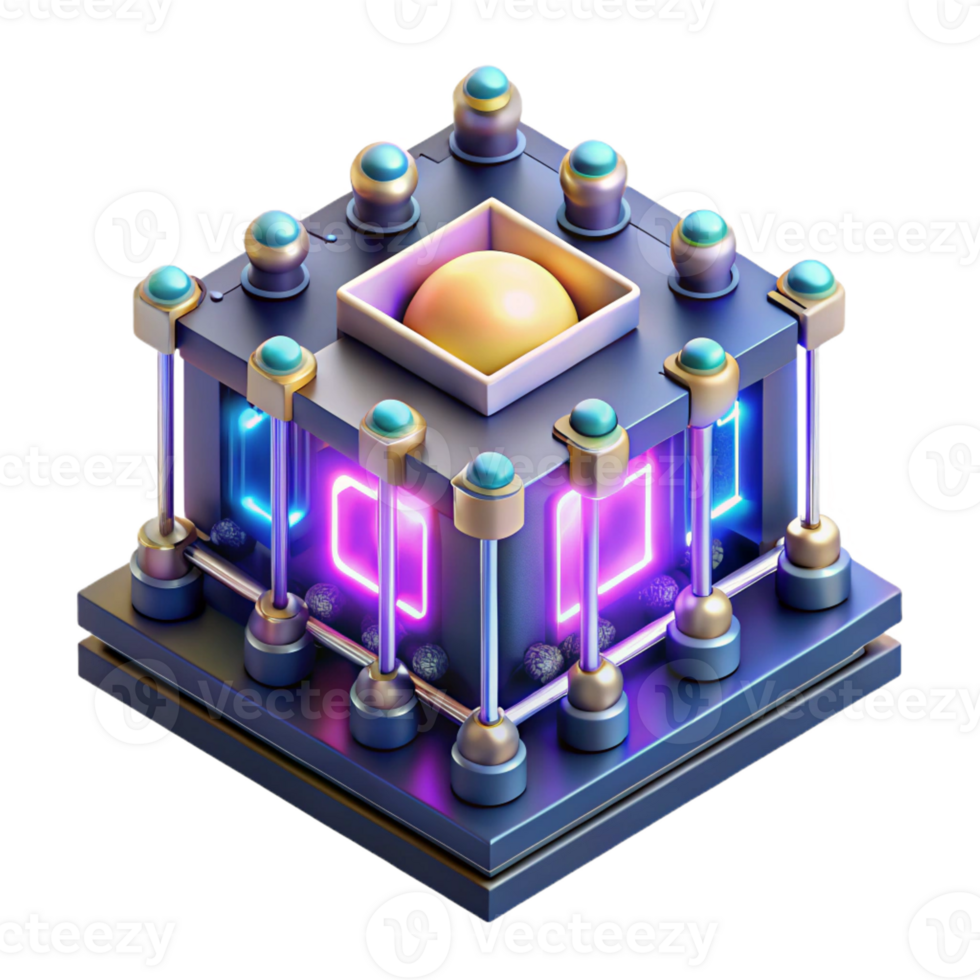 extraordinary rustic A highly detailed rendering of a quantum computer, illuminated by a complex pattern of shifting, colored lights, in a scientific visualization style professional png