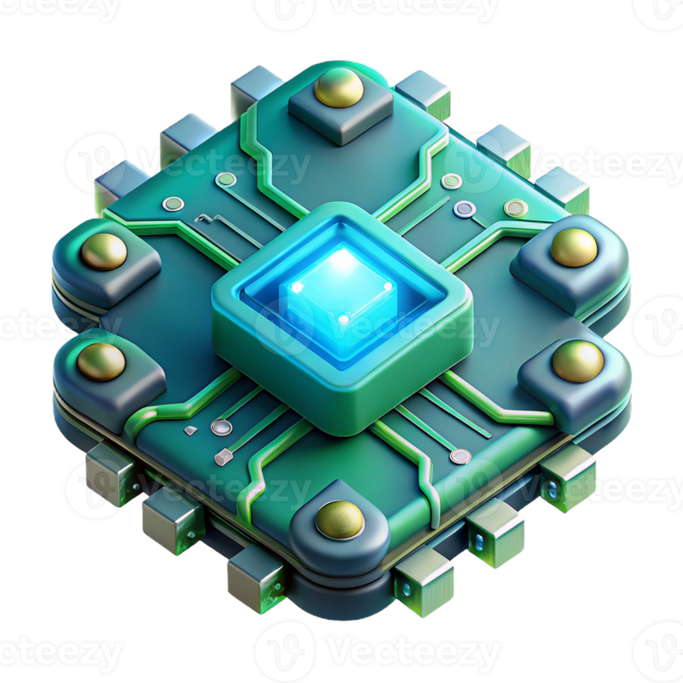 vibrant abstract A close-up of a futuristic circuit board with intricate details and glowing components, illuminated by a cool, blue-green light, in a technical illustration style 4K png