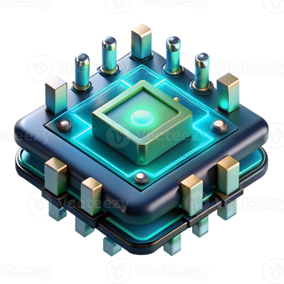 serene minimalist A close-up of a futuristic circuit board with intricate details and glowing components, illuminated by a cool, blue-green light, in a technical illustration style exclusive png