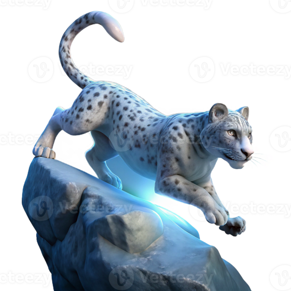 elegant classic A majestic snow leopard leaping across a chasm, illuminated by a single ray of moonlight, rendered in a hyperrealistic style genuine png