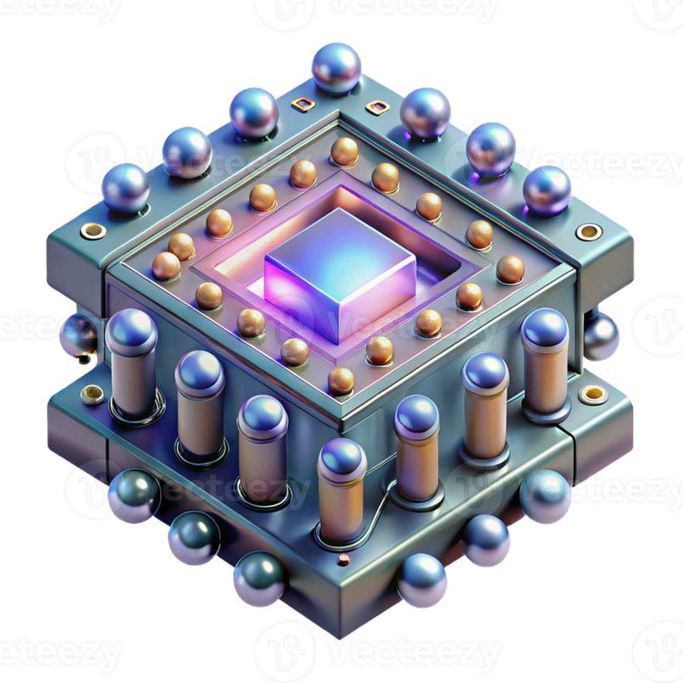 stunning rustic A highly detailed rendering of a quantum computer, illuminated by a complex pattern of shifting, colored lights, in a scientific visualization style premium png
