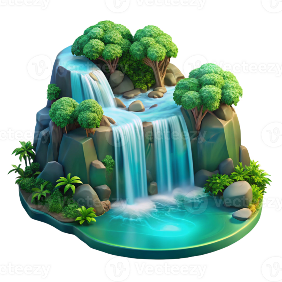 extraordinary contemporary A cascading waterfall plunging into a turquoise pool, surrounded by lush green vegetation, long exposure photography style original png