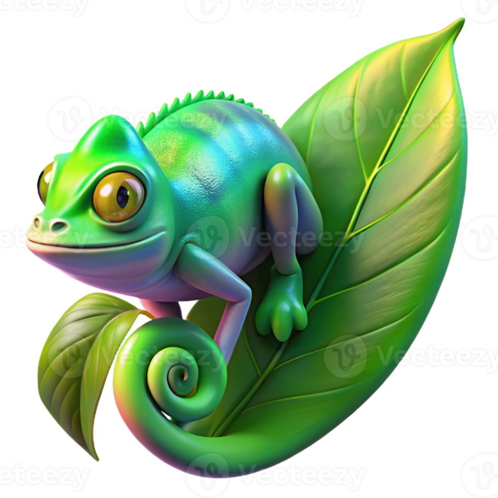 vibrant vintage A vibrant chameleon clinging to a bright green leaf, reflecting iridescent colors, macro photography style, sharp focus high resolution png
