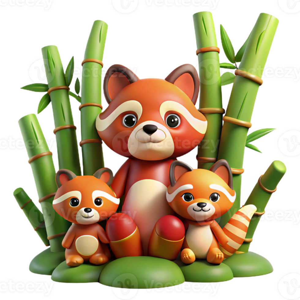 vibrant creative A playful family of red pandas frolicking in bamboo forest, soft diffused lighting, storybook illustration style high quality png