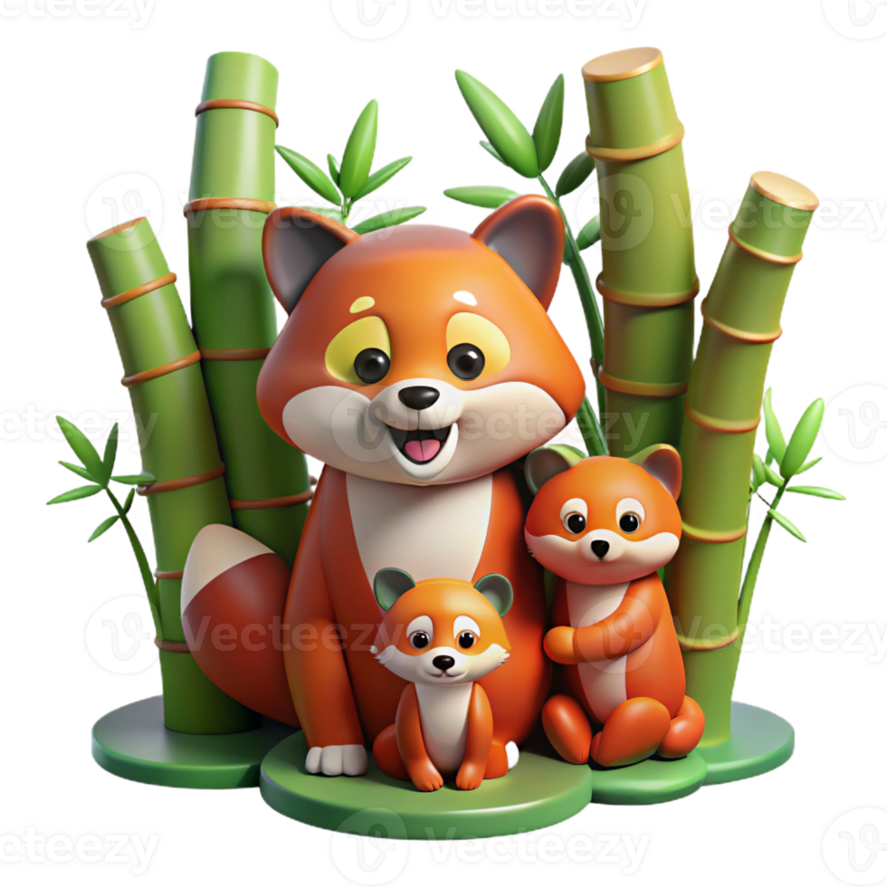 elegant minimalist A playful family of red pandas frolicking in bamboo forest, soft diffused lighting, storybook illustration style premium png