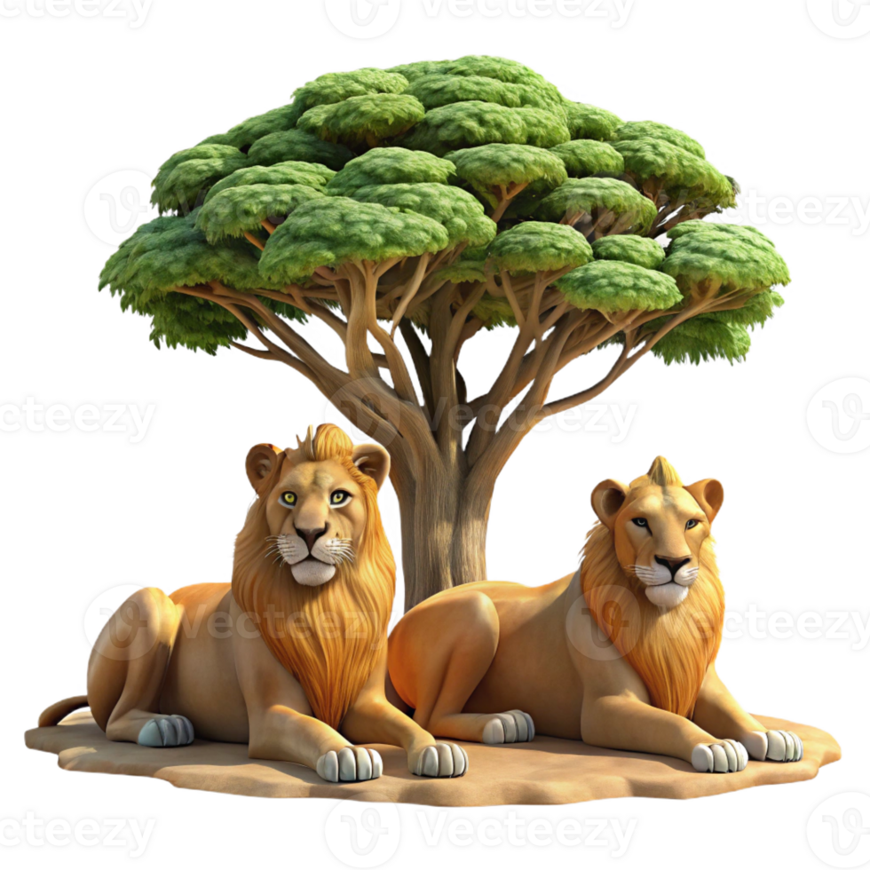 impressive abstract A regal lion pride resting under the shade of an acacia tree, harsh midday sunlight, realistic digital painting 4K png