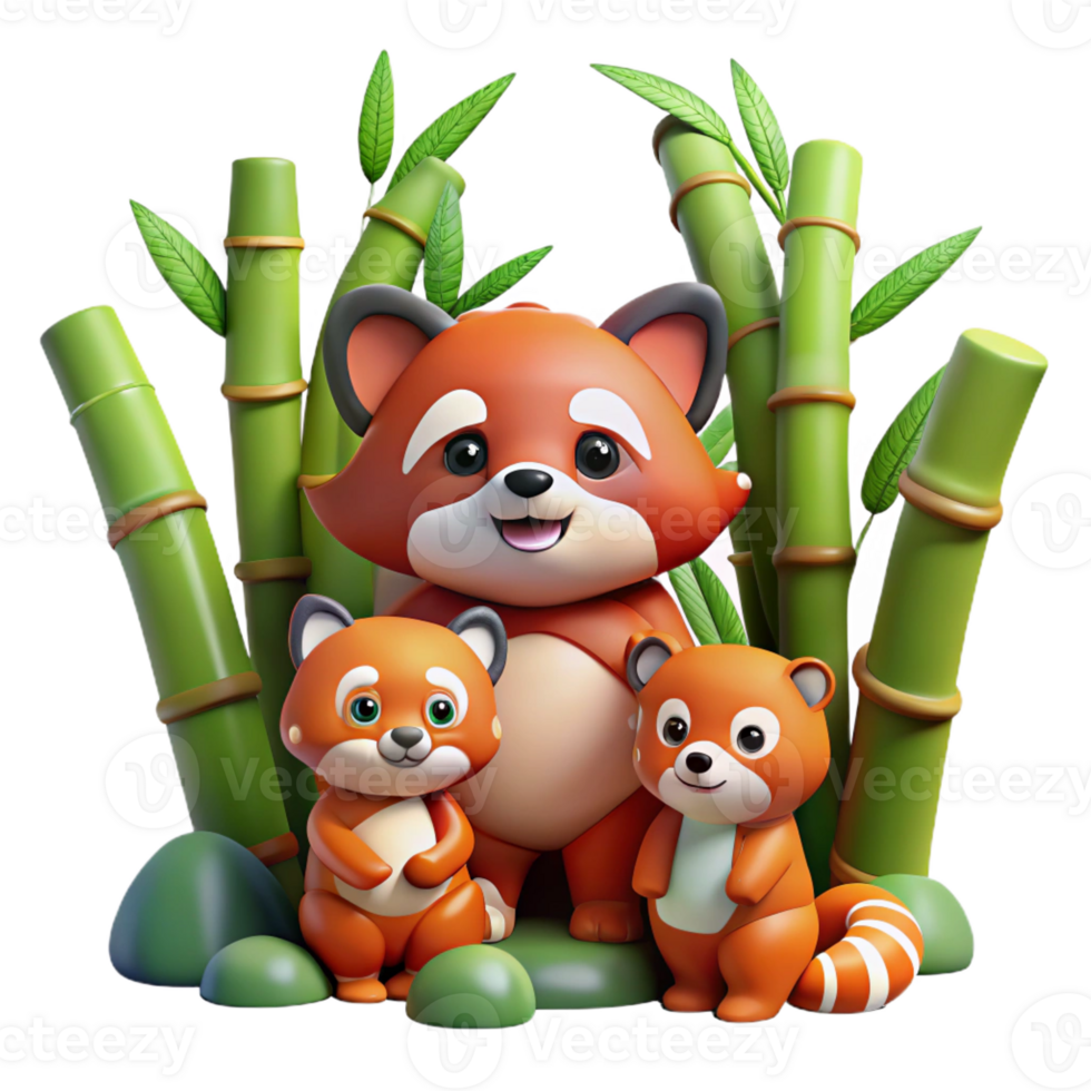 wonderful traditional A playful family of red pandas frolicking in bamboo forest, soft diffused lighting, storybook illustration style detailed png