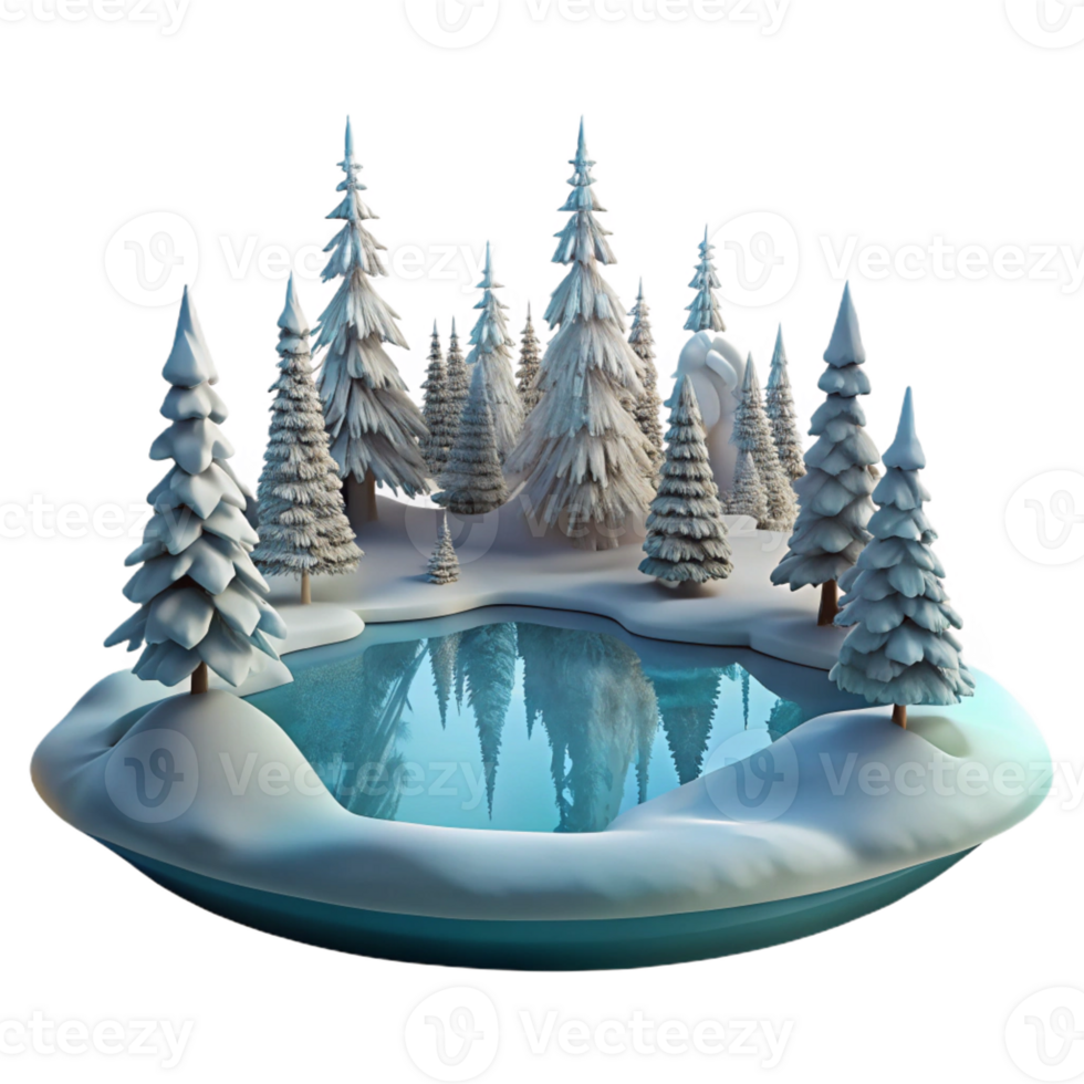 elegant artistic A frozen lake reflecting the surrounding snow-covered trees, serene and peaceful atmosphere, winter landscape photography style high resolution png