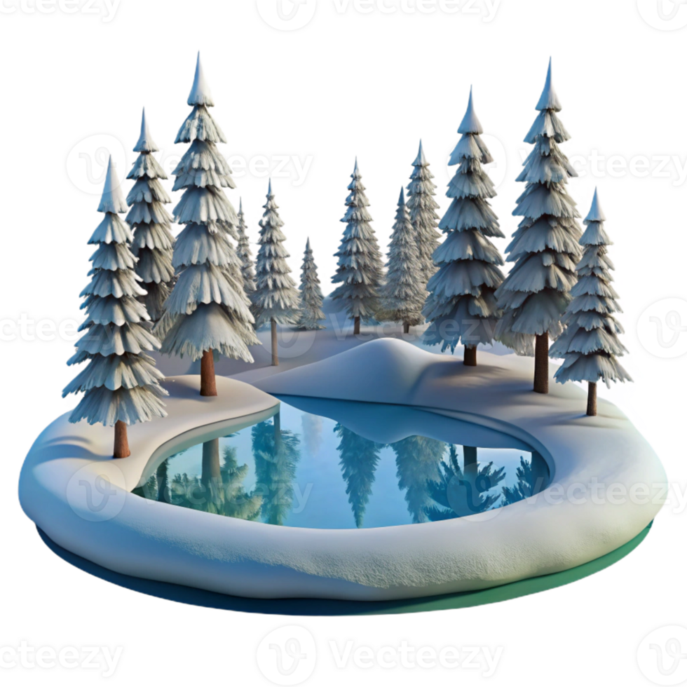 dramatic creative A frozen lake reflecting the surrounding snow-covered trees, serene and peaceful atmosphere, winter landscape photography style professional png