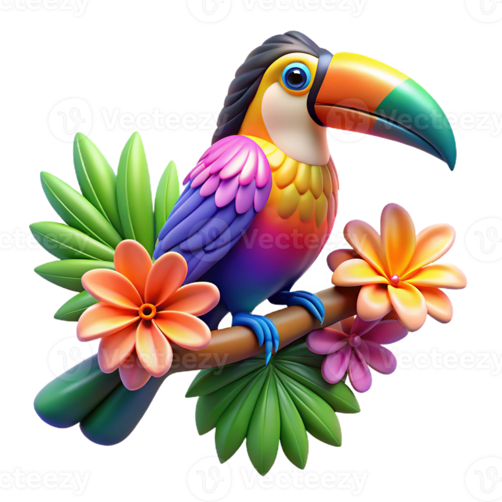 vibrant abstract A colorful toucan perched on a branch adorned with exotic flowers, vibrant tropical colors, pop art style detailed png