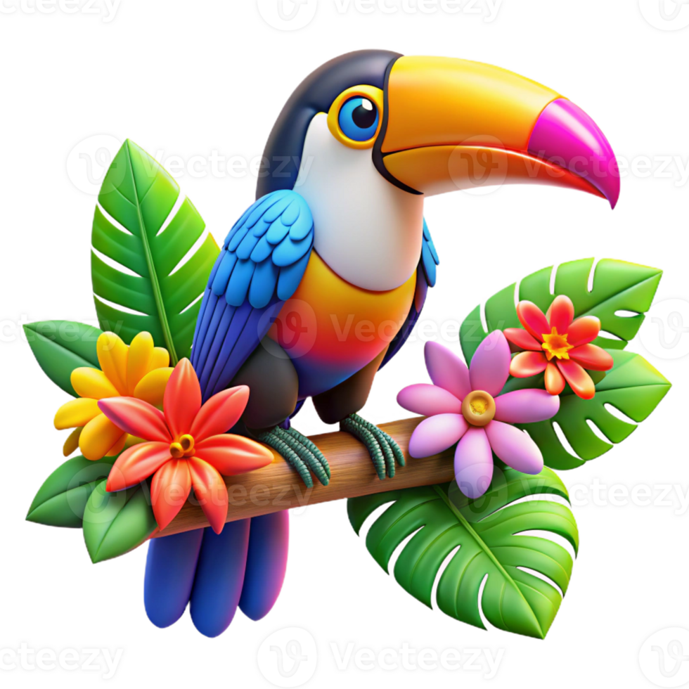 impressive minimalist A colorful toucan perched on a branch adorned with exotic flowers, vibrant tropical colors, pop art style premium png