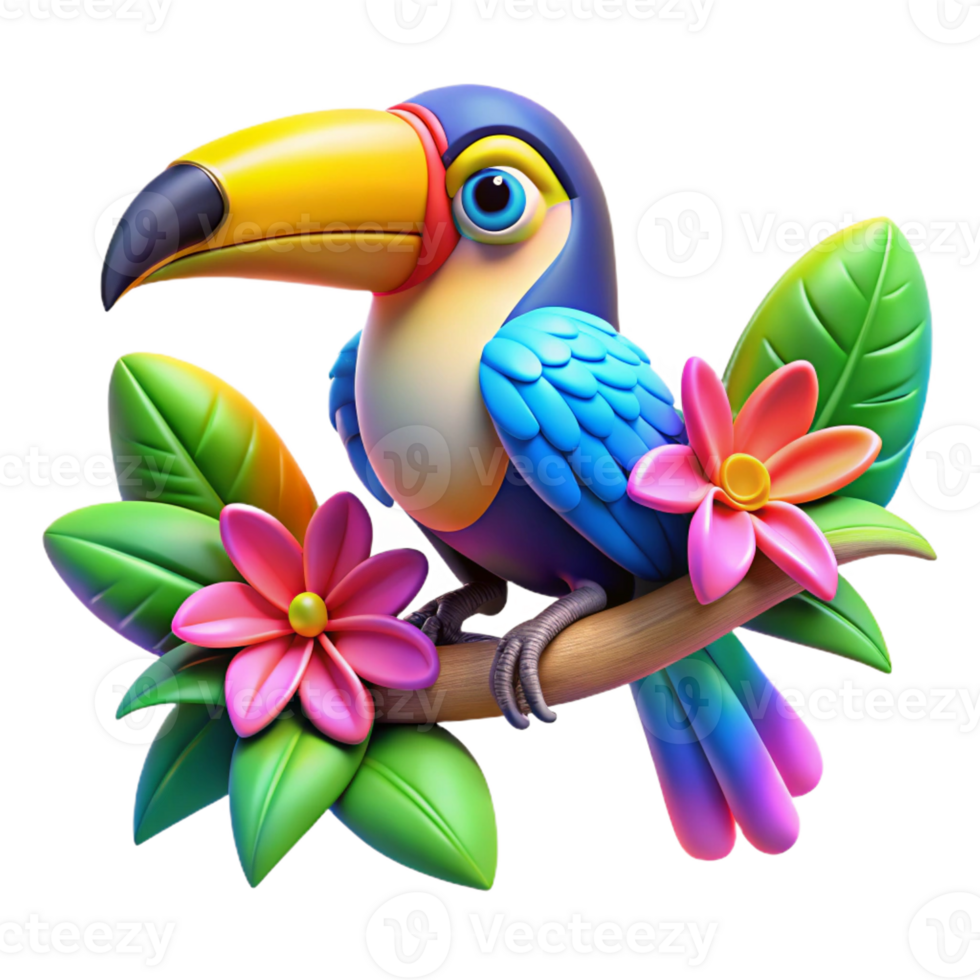 beautiful abstract A colorful toucan perched on a branch adorned with exotic flowers, vibrant tropical colors, pop art style authentic png