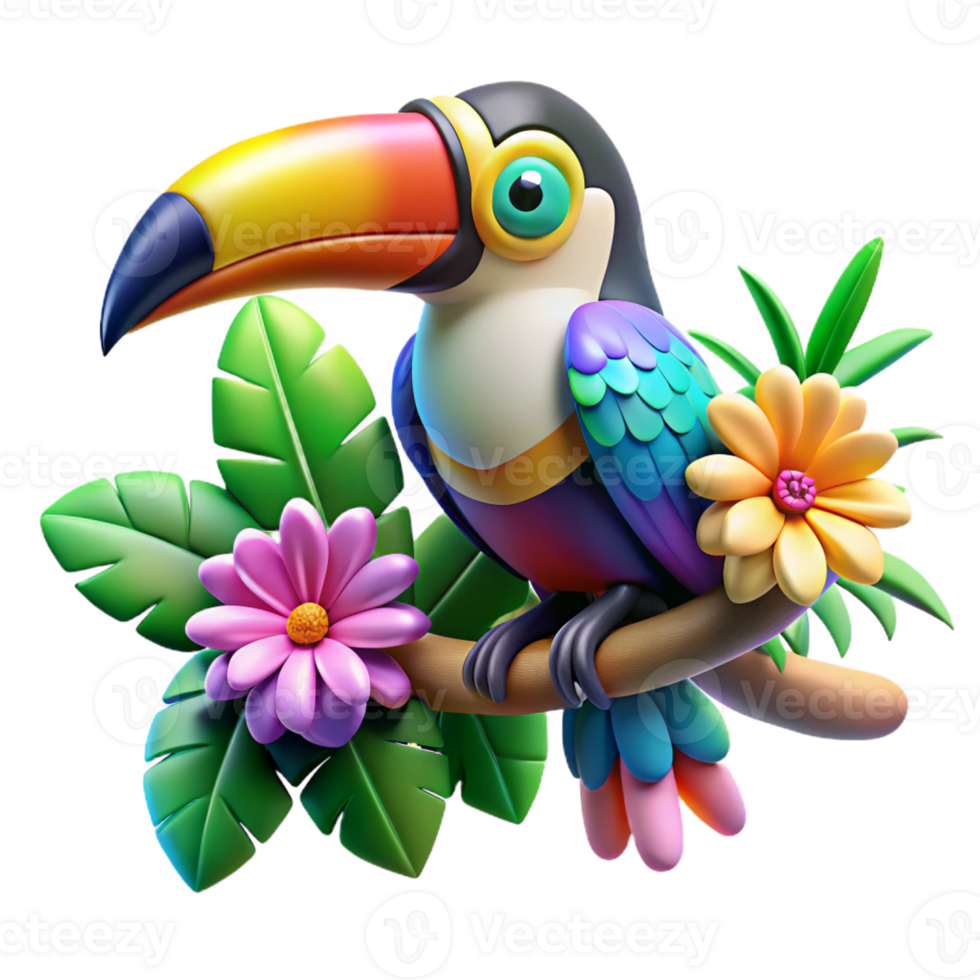 beautiful traditional A colorful toucan perched on a branch adorned with exotic flowers, vibrant tropical colors, pop art style premium png
